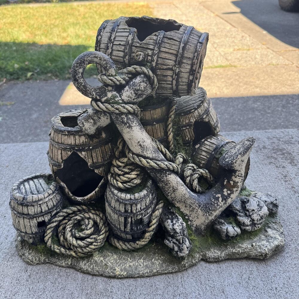 Large Aquarium Fish Tank Decor Anchor Barrels Cave Hideout Ornament 13 Inch
